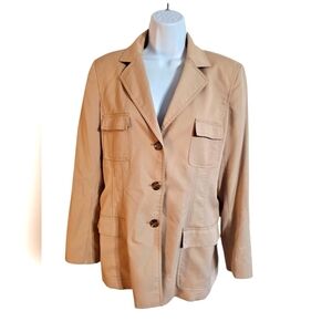 Anne Klein Size 10 Tan Blazer Notched Lapels Relaxed Fit Preppy Office Jacket
